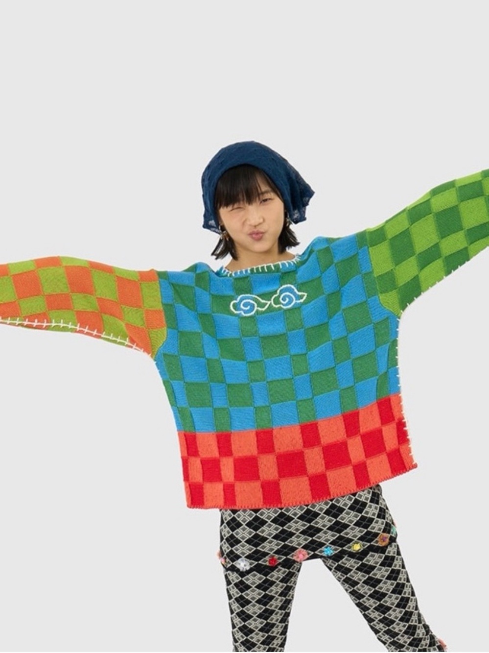 Yanyan cloud check boat neck pullover in rainbow